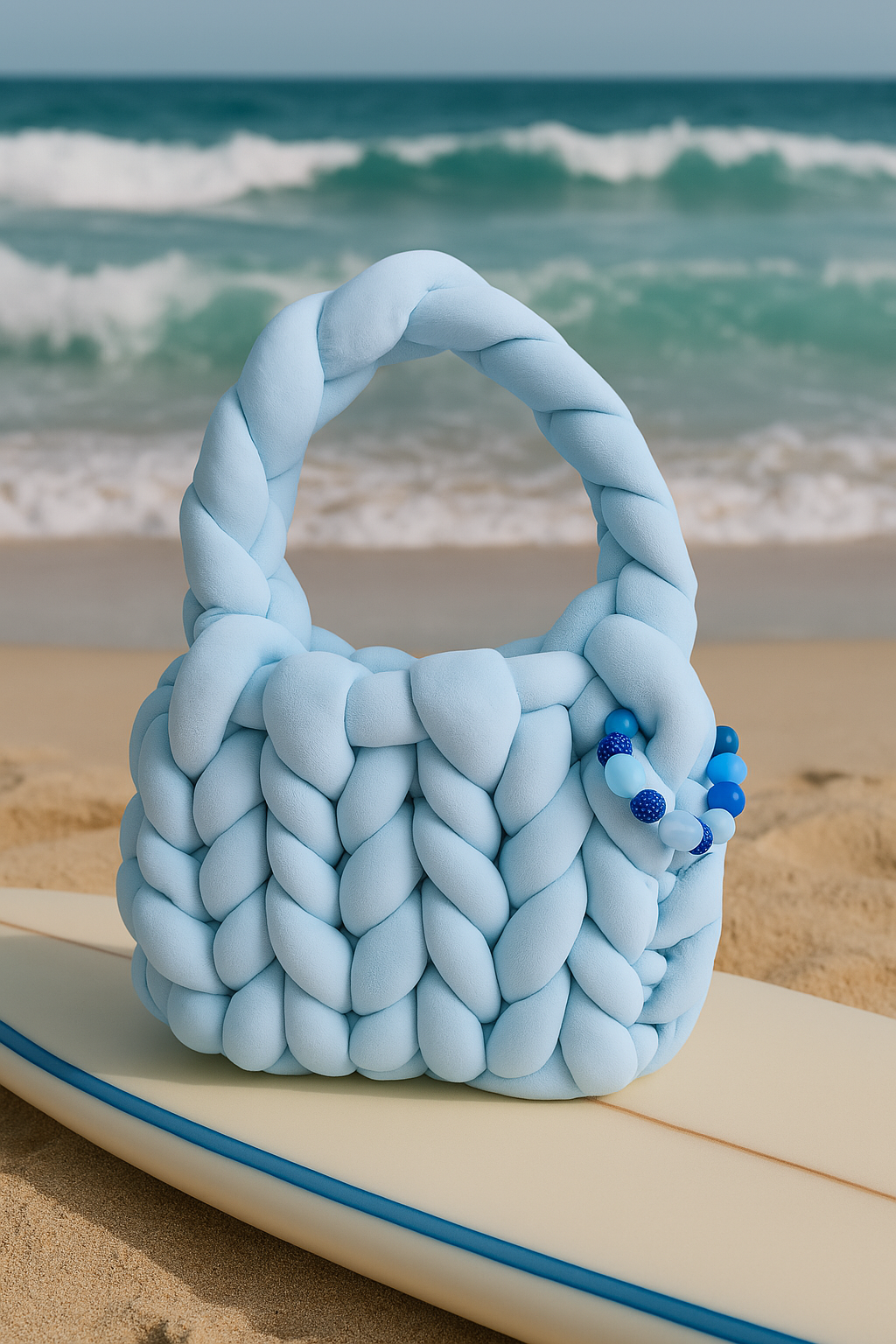 Chunky Knit Cloud Bag – Light Blue Handgemachte Stricktasche im Wolken-Stil